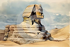 Watercolor painting of The Great Sphinx, Giza in Egypt.