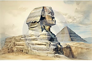 Watercolor painting of The Great Sphinx, Giza in Egypt.