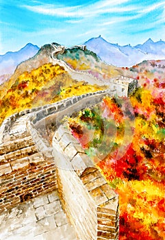 Watercolor Painting - Great Wall of China