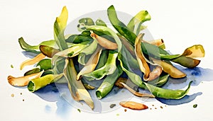 Watercolor painting of green bean pile with natural artistic flow photo