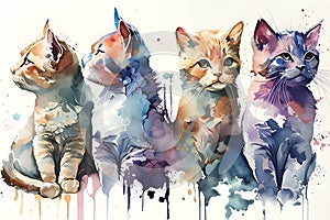 Watercolor painting of a group of cats. Hand drawn illustration.