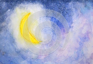 Watercolor galaxy half moon, clouds and stars