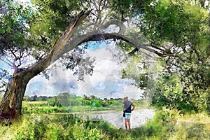 Watercolor painting of Havel river landscape. Woman watching the water in river while standing under an old willow tree