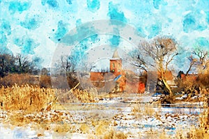 Watercolor painting of havel river winter landscape. snowy. village guelpe in background with its church