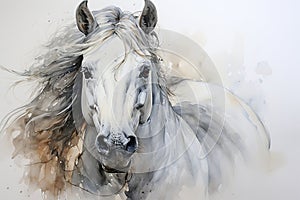Watercolor painting of a head of a white horse with long mane AI generated Generative AI