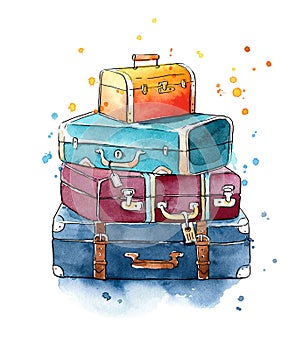 Watercolor painting of a heap of vintage luggage bags
