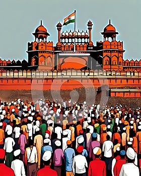 Watercolor painting of Historic Freedom Struggle Crowd in front of Red Fort of India. Republic day of India. Independence day of