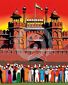 Watercolor painting of Historic Freedom Struggle Crowd in front of Red Fort of India. Republic day of India. Independence day of