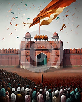 Watercolor painting of Historic Freedom Struggle Crowd in front of Red Fort of India. Republic day of India. Independence day of