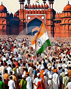 Watercolor painting of Historic Freedom Struggle Crowd in front of Red Fort of India. Republic day of India. Independence day of