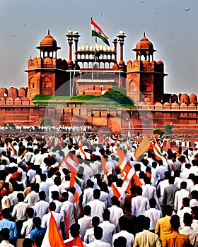 Watercolor painting of Historic Freedom Struggle Crowd in front of Red Fort of India. Republic day of India. Independence day of