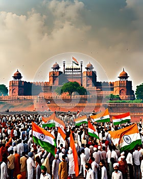 Watercolor painting of Historic Freedom Struggle Crowd in front of Red Fort of India. Republic day of India. Independence day of