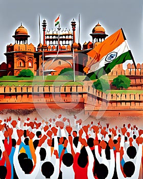 Watercolor painting of Historic Freedom Struggle Crowd in front of Red Fort of India. Republic day of India. Independence day of