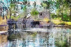 Watercolor painting of historical needle weir at Havel river in Havelland region Germany