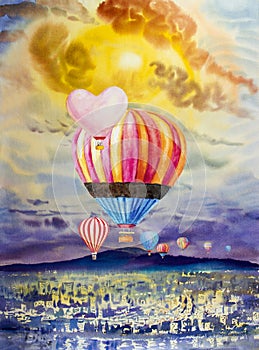 Watercolor painting hot air balloons top view city