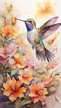 Watercolor painting: A hummingbird flitting between flowers, its swift movements and role in pollination a beautiful dance of photo