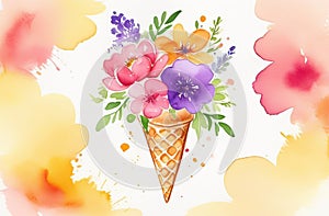 a watercolor painting of an ice cream cone filled with flowers