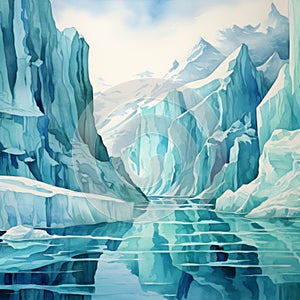 Watercolor Painting Of Ice River With Icebergs In Artgerm Style