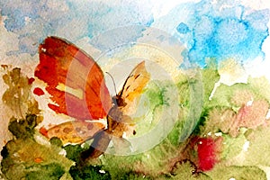 Watercolor painting illustration of butterfly on abstract colorful background