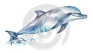 watercolor painting illustration of dolphin swimming with their little baby dolphin in pastel paint drops
