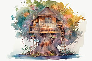 Watercolor Painting Illustration Of Fabulous Big House In A Crown Of Autumn Tree Isolated