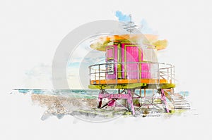Watercolor painting illustration of Lifeguard tower in South Beach in Fort Lauderdale Florida, USA