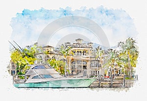 Watercolor painting illustration of Luxury Waterfront Mansion with yacht in Fort Lauderdale Florida