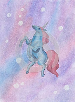 Watercolor painting illustration of a magnificent blue fantasy unicorn with pink mane and pink tail