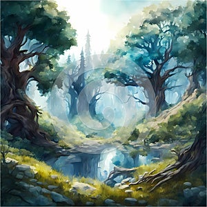 Watercolor painting illustration of panoramic landscape view of fantasy magical forest