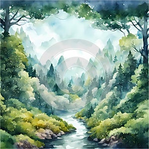 Watercolor painting illustration of panoramic landscape view of fantasy magical forest