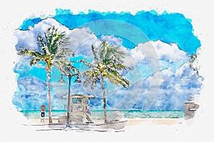 Watercolor painting illustration of Seafront beach promenade with palm trees in Fort Lauderdale