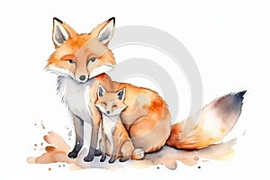 watercolor painting illustration of Wild red fox with cute little cub