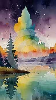 Watercolor Painting: Imaginative and Whimsical minimalist painting featuring a dreamy and enchanted scene. Dive into the realm of photo