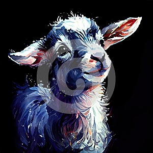 Watercolor painting innocence, playfulness young goat. White and grey fur, expressive emotion eyes. Dark background, colors brush