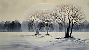 Watercolor Painting: Intriguing minimalist painting, perfectly aligned row of bare trees against vast, snowy landscape photo