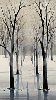 Watercolor Painting: Intriguing minimalist painting, perfectly aligned row of bare trees against vast, snowy landscape photo
