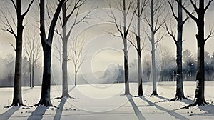 Watercolor Painting: Intriguing minimalist painting, perfectly aligned row of bare trees against vast, snowy landscape photo