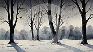 Watercolor Painting: An intriguing minimalist painting presenting a single, perfectly aligned row of bare trees against a vast, photo