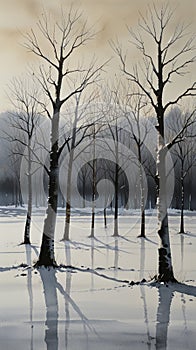Watercolor Painting: An intriguing minimalist painting presenting a single, perfectly aligned row of bare trees against a vast, photo