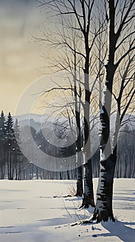 Watercolor Painting: An intriguing minimalist painting presenting a single, perfectly aligned row of bare trees against a vast, photo