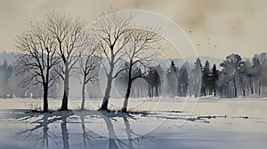 Watercolor Painting: An intriguing minimalist painting presenting a single, perfectly aligned row of bare trees against a vast, photo