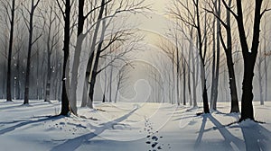 Watercolor Painting: An intriguing minimalist painting presenting a single, perfectly aligned row of bare trees against a vast, photo