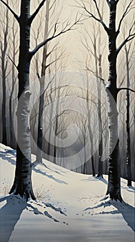 Watercolor Painting: An intriguing minimalist painting presenting a single, perfectly aligned row of bare trees against a vast, photo