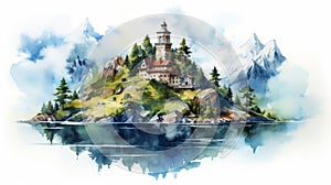 Watercolor Painting Of Isolated Island Castle In Elmore Bay photo