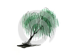 Watercolor painting isolated landscape tree stand alone. traditional oriental ink asia art style