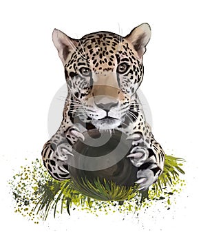 Watercolor painting of a jaguar sitting on a log with claws in evidence