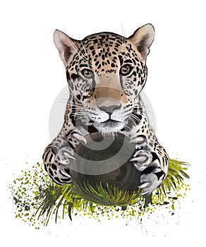Watercolor painting of a jaguar sitting on a log with claws in evidence photo