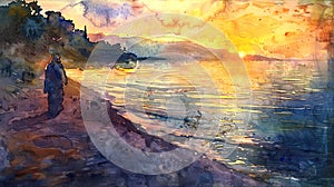 Watercolor painting of Jesus Christ walking along the shores of the Sea of Galilee at dawn. Concept of faith