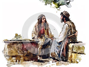 Watercolor painting of Jesus and the Samaritan woman at the well culturally rich and conversational photo