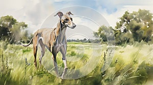 Watercolor Painting Of A Joyful Greyhound Running In A Green Meadow
